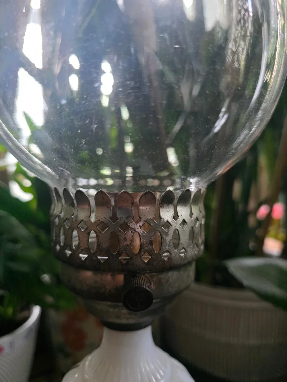 Milk Glass Table Lamp Base with White Floral Cutwork - Needs Rewiring